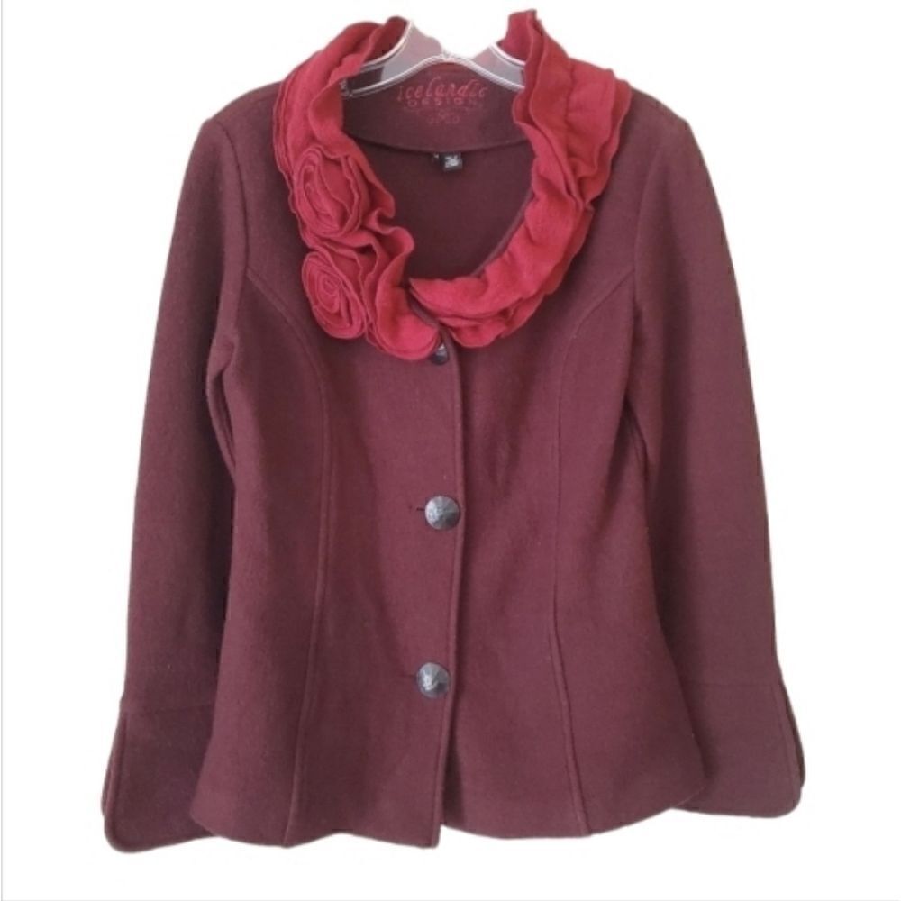 IICELANDIC DESIGN Women's 100%‎ Wool Jacket Burgundy  Size Medium Art to wear